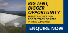 Freestanding 40M Roder tent located in New Zealand