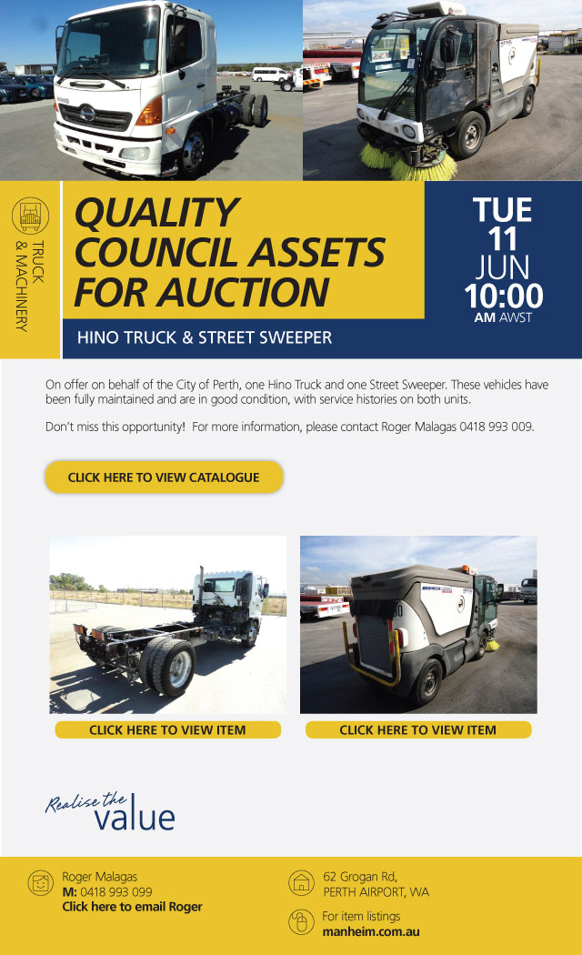 Quality council assets for auction | Hino truck and street sweeper | Manheim